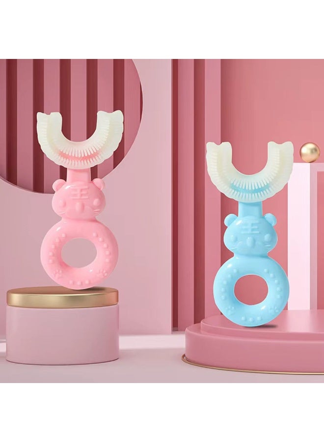 فرشاة أسنان على شكل حرف U بشعيرات سيليكون ناعمة لنظافة فموية 360°، فرشاة أسنان للأطفال من 2 إلى 6 سنوات - قطعتين (ازرق وبمبى) - Image 1